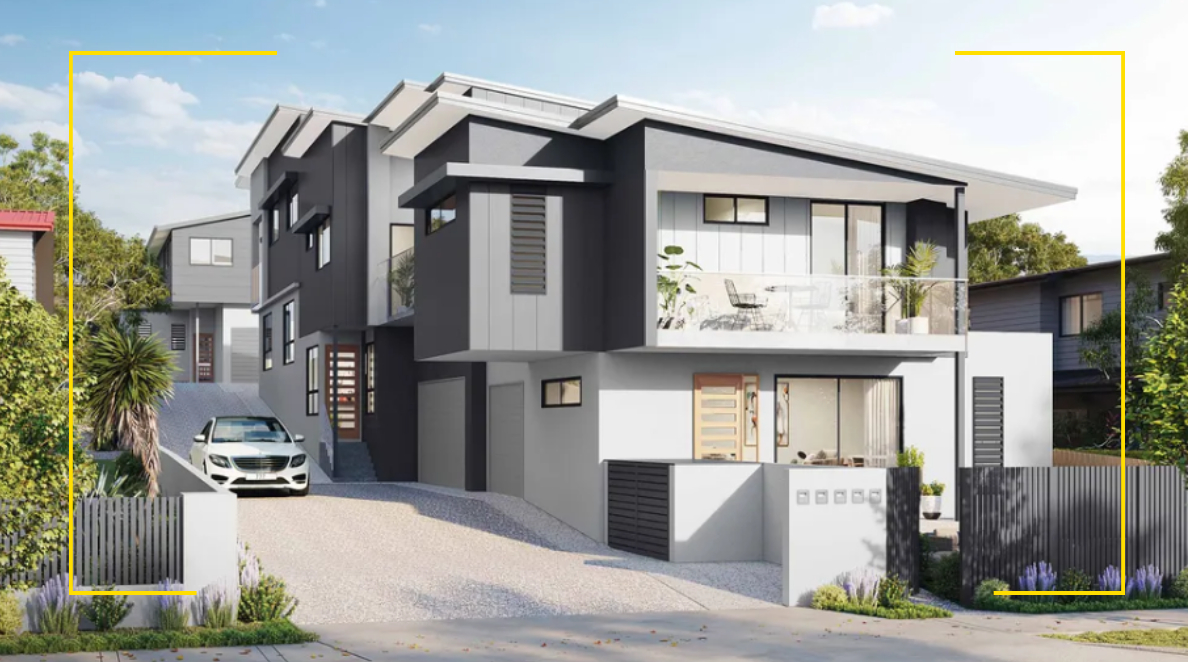 3D design of modern grey and white townhouse with a white car